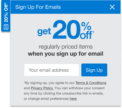 Lead-gen sign-up flyout offering 20% off when you sign up for email, with an email address field and Sign Up button.