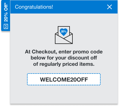Success state flyout reading Congratulations, with the promo code WELCOME20OFF to enter at checkout.