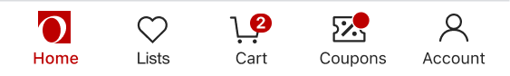 Redesigned Overstock bottom navigation with Home, Lists, Cart, Coupons, and Account.