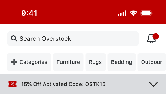 Redesigned Overstock top navigation with search and category chips.